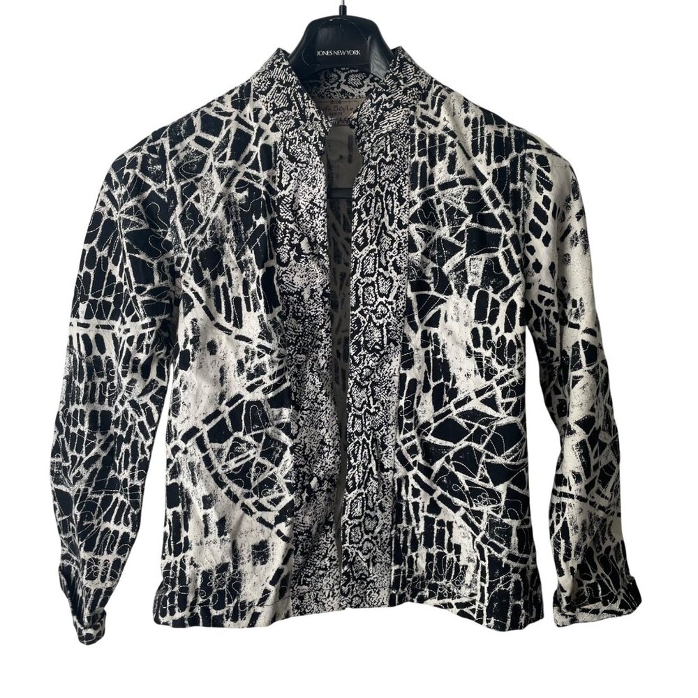 Vintage Petite S Black & White Abstract 100% Cotton Jacket Artsy Embroidery
